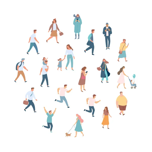 Crowd of people. Men and women flat vector set. Different walking and running people. Outdoor. Male and female. Flat vector characters isolated on white background.