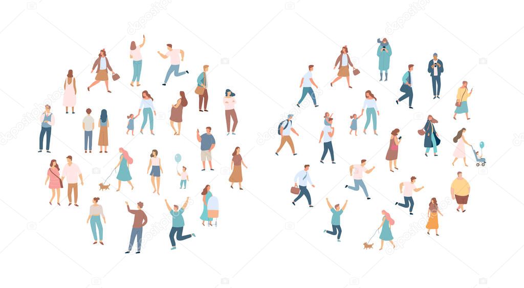 Crowd of people. Men and women flat vector set. Different walking and running people. Outdoor. Male and female. Flat vector characters isolated on white background.