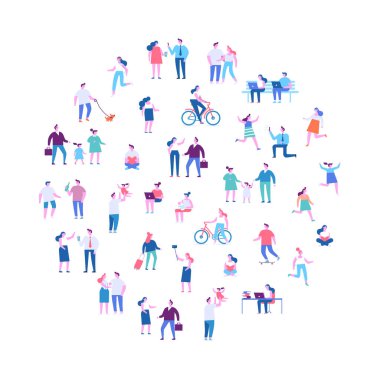 Erkek ve kadın vektör seti. Kalabalık. Farklı insanlar. Beyaz arka planda yalıtılmış düz vektör karakterleri.