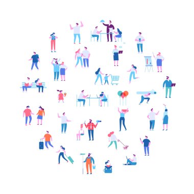 Erkek ve kadın vektör seti. Kalabalık. Farklı insanlar. Beyaz arka planda yalıtılmış düz vektör karakterleri.