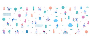 Yazlık parkta çeşitli insanlar. Boş zaman hava etkinlikleri -yürüyüş, bisiklete binme, sokak yemeği yeme, köpek gezme, oyun oynama. Arka plan daki kişiler karakterleri. Modern Düz vektör illüstrasyon.