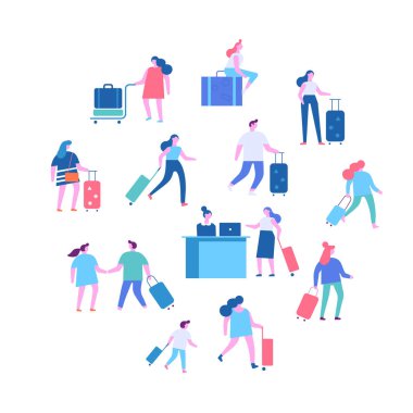 Havaalanı terminalinde oturan ve yürüyen insanlar. Bilgi grafikleri öğeleri, afiş veya poster tasarımı daire şeklinde düzenlenmiştir. İş seyahati konsepti, seyahat, vactaion. Düz vektör çizimi.