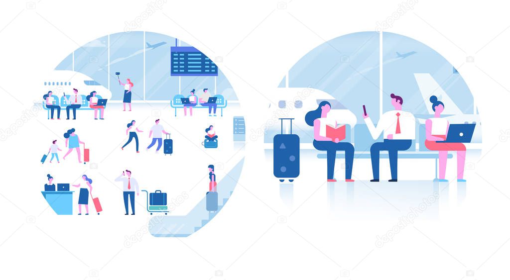 People sitting and walking in airport terminal. Infographics elements, banner or poster design arranged in circle shape. Business travel concept, travelling, vactaion. Flat vector illustration.