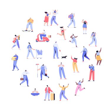 İnsanlar arka plan. Sokakta yürüyen bir sürü insan var. Erkekler ve kadınlar düz vektör seti. Farklı yürüyen ve koşan insanlar. Erkek ve kadın. Düz vektör karakterleri