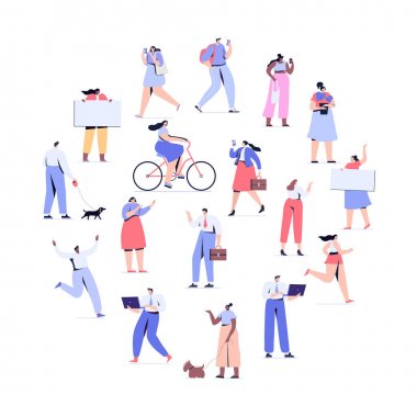 İnsanlar arka plan. Sokakta yürüyen bir sürü insan var. Erkekler ve kadınlar düz vektör seti. Farklı yürüyen ve koşan insanlar. Erkek ve kadın. Düz vektör karakterleri