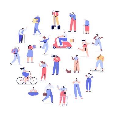 İnsanlar arka plan. Sokakta yürüyen bir sürü insan var. Erkekler ve kadınlar düz vektör seti. Farklı yürüyen ve koşan insanlar. Erkek ve kadın. Düz vektör karakterleri