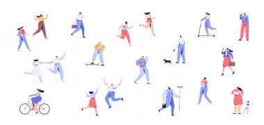 İnsanlar arka plan. Sokakta yürüyen insan kalabalığı yatay afiş. Erkekler ve kadınlar düz vektör seti. Farklı yürüyen ve koşan insanlar. Erkek ve kadın. Düz vektör karakterleri