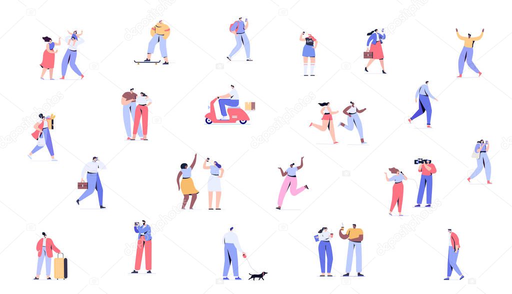 People background. Crowd of people walking on street horizontal banner. Men and women flat vector set. Different walking and running people. Male and female. Flat vector characters