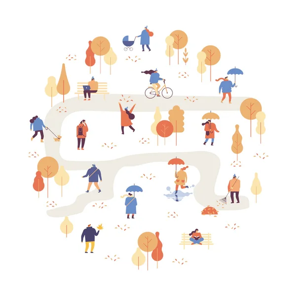秋天公园景观 穿着保暖衣服的人在城市公园里在户外玩得很开心 五颜六色的秋季公园平面矢量插图 秋天公园与人插图 — 图库矢量图片