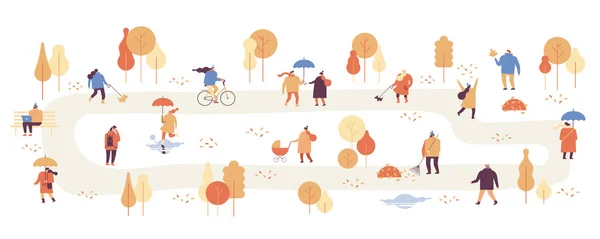 秋天公园景观 穿着保暖衣服的人在城市公园里在户外玩得很开心 五颜六色的秋季公园平面矢量插图 秋天公园与人水平横幅 — 图库矢量图片