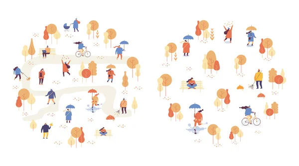 秋天公园景观 穿着保暖衣服的人在城市公园里在户外玩得很开心 五颜六色的秋季公园平面矢量插图 秋天公园与人插图 — 图库矢量图片