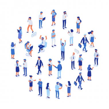 İş takımı. İsomeric iş adamları vektör seti. Ofis hayatı, kutlama, iş başarısı. Beyaz arka planda yalıtılmış düz vektör karakterleri.