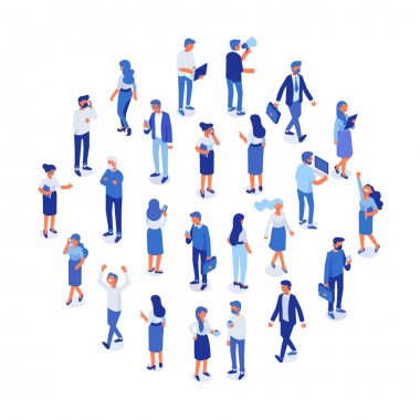 İş takımı. İsomeric iş adamları vektör seti. Ofis hayatı, kutlama, iş başarısı. Beyaz arka planda yalıtılmış düz vektör karakterleri.