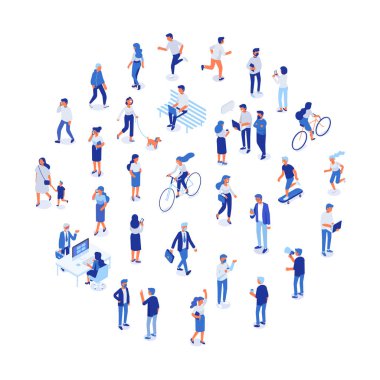 Farklı isomeric insanlar vektör kümesi beyaz izole ayarlayın. Köpekle yürümek, bisiklete binmek ve kaykay sürmek, parkta bankta oturmak.