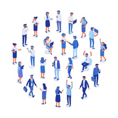 İş takımı. İsomeric iş adamları vektör seti. Ofis hayatı, kutlama, iş başarısı. Beyaz arka planda yalıtılmış düz vektör karakterleri.