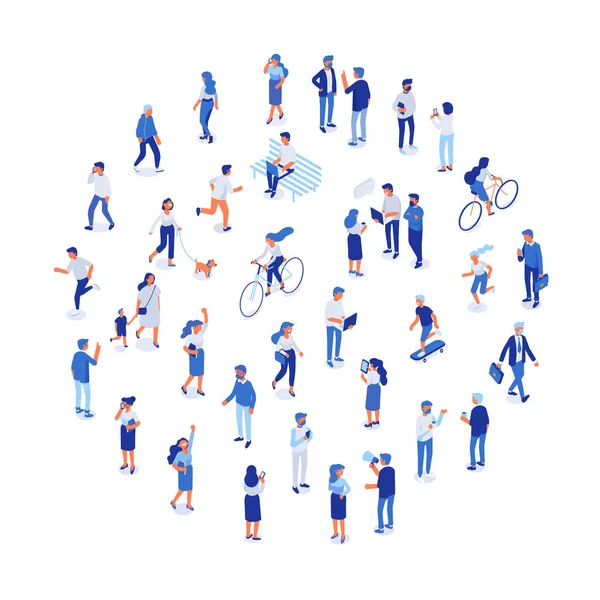 Farklı isomeric insanlar vektör kümesi beyaz izole ayarlayın. Köpekle yürümek, bisiklete binmek ve kaykay sürmek, parkta bankta oturmak.