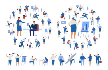 İş adamları vektör seti. İş ekibi. Takım çalışması, beyin fırtınası. Başarı. Erkekler ve kadınlar. Beyaz üzerinde yalıtılmış düz vektör karakterleri.