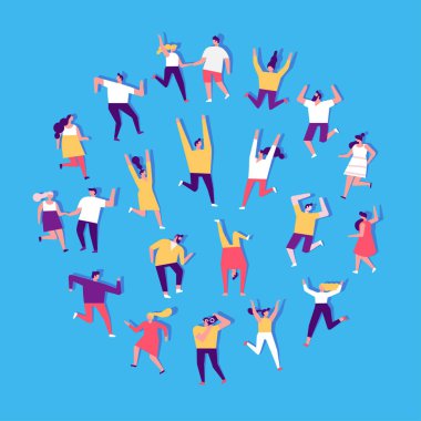 İnsanlar dans ediyor ve eğleniyor. Düz vektör karakter kümesi. Doğum günü partisi, öğrenci partisi, kutlama, etkinlik. Dostluk. Çift. Mutlu insanlar. Erkekler ve kadınlar dans partisi zevk.