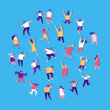 İnsanlar dans ediyor ve eğleniyor. Düz vektör karakter kümesi. Doğum günü partisi, öğrenci partisi, kutlama, etkinlik. Dostluk. Çift. Mutlu insanlar. Erkekler ve kadınlar dans partisi zevk.