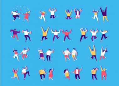 İnsanlar dans ediyor ve eğleniyor. Düz vektör karakter kümesi. Doğum günü partisi, öğrenci partisi, kutlama, etkinlik. Dostluk. Çift. Mutlu insanlar. Erkekler ve kadınlar dans partisi zevk.