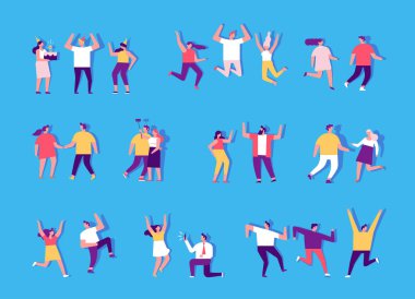 İnsanlar dans ediyor ve eğleniyor. Düz vektör karakter kümesi. Doğum günü partisi, öğrenci partisi, kutlama, etkinlik. Dostluk. Çift. Mutlu insanlar. Erkekler ve kadınlar dans partisi zevk.