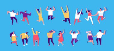 İnsanlar dans ediyor ve eğleniyor. Düz vektör karakter kümesi. Doğum günü partisi, öğrenci partisi, kutlama, etkinlik. Dostluk. Çift. Mutlu insanlar. Erkekler ve kadınlar dans partisi zevk.