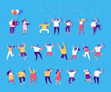 Doğum günü partisi, kutlama, etkinlik. Gençler dans ediyor ve eğleniyor. Dostluk. Çift. Öğrenci partisi. Arka planda izole edilmiş erkek ve kadın düz karakterler.