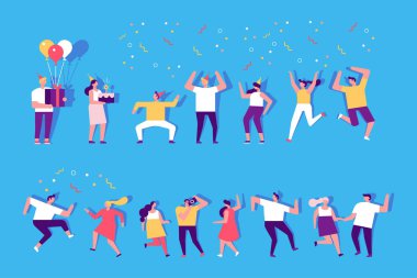 Doğum günü partisi, kutlama, etkinlik. Gençler dans ediyor ve eğleniyor. Dostluk. Çift. Öğrenci partisi. Arka planda izole edilmiş erkek ve kadın düz karakterler.