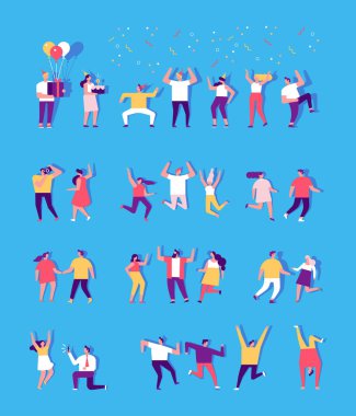 Doğum günü partisi, kutlama, etkinlik. Gençler dans ediyor ve eğleniyor. Dostluk. Çift. Öğrenci partisi. Arka planda izole edilmiş erkek ve kadın düz karakterler.