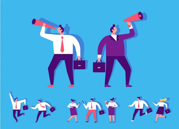 Business men looking into a telescope and speaking into a megaphone. Collection of business people characters in different poses. Success, leadership. Flat vector characters isolated