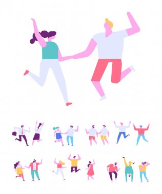 Mutlu çift dans ve eğlenin. Erkek ve kadın birlikte. Düz vektör karakterleri. Doğum günü partisi, öğrenci partisi, kutlama, etkinlik. Mutlu insanlar beyaz arka plan üzerinde izole.