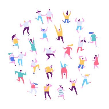 Mutlu insanlar. Düz vektör karakter kümesi. İnsanlar dans ediyor ve eğleniyor. Doğum günü partisi, kutlama, etkinlik. Dostluk. Çift. Erkekler ve kadınlar beyaz izole dans partisi zevk.