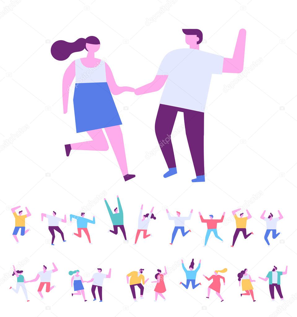 Happy couple dancing and have fun. Man and woman together. Flat vector characters. Birthday party, student party, celebration, event. Happy people isolated on white background.