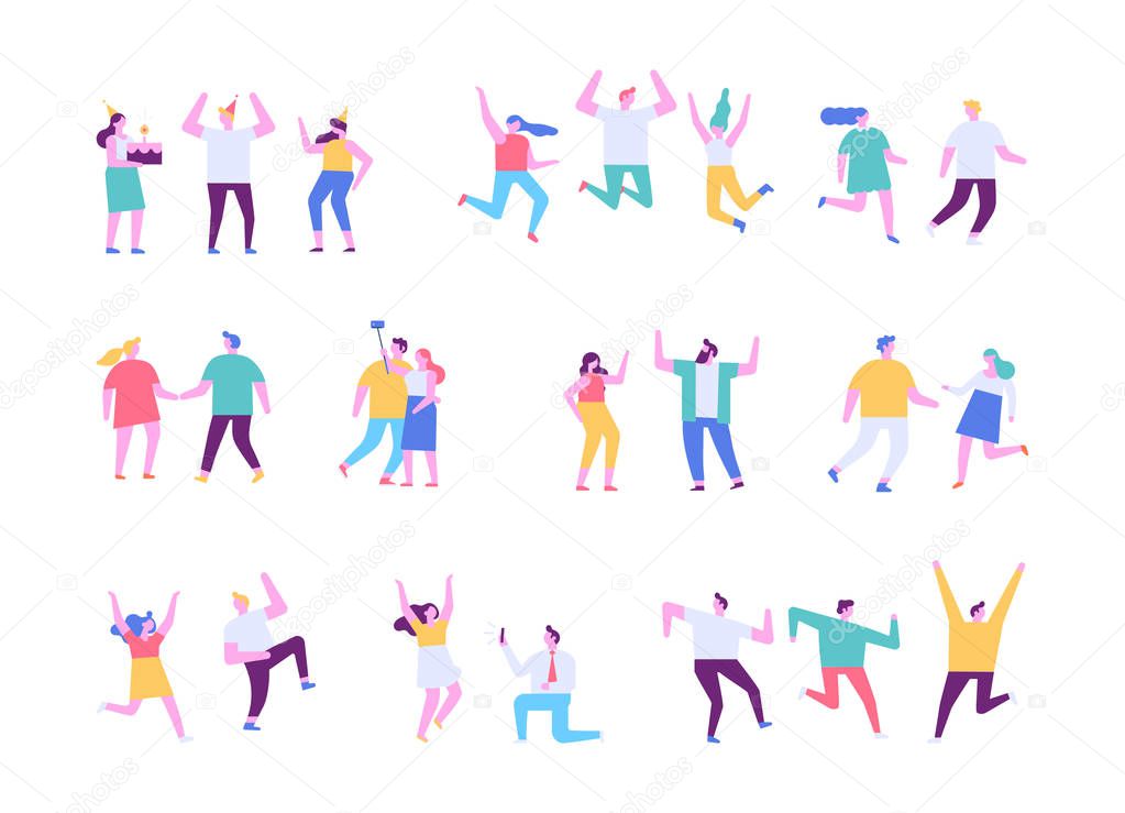 Happy people. Flat vector character set. People dancing and have fun. Birthday party, celebration, event. Friendship. Couples. Men and women enjoying dance party isolated on white.