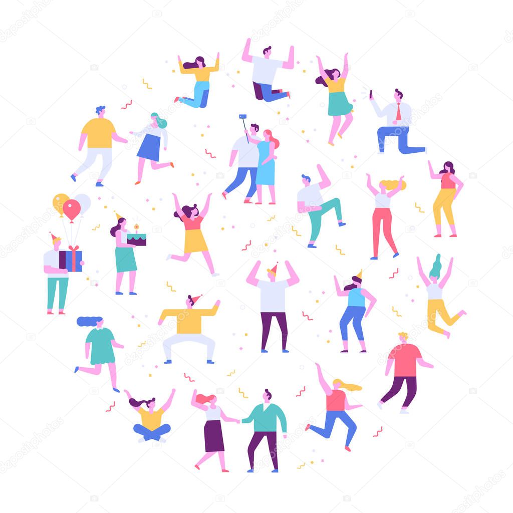 Happy people. Flat vector character set. People dancing and have fun. Birthday party, celebration, event. Friendship. Couples. Men and women enjoying dance party isolated on white.