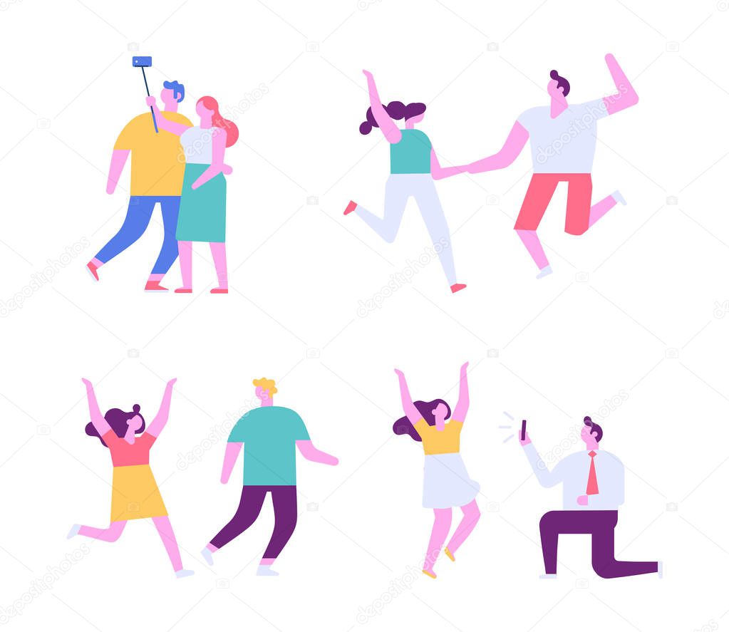 Happy couples have fun. Man and woman together making photo. Selfie couple. Flat vector characters. Happy people isolated on white background.