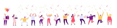 Parti halkı vektör yatay afiş. Dans eden insanlar. Düz vektör karakterleri. Doğum günü partisi, öğrenci partisi, kutlama, etkinlik. Mutlu insanlar beyaz arka plan üzerinde izole. 