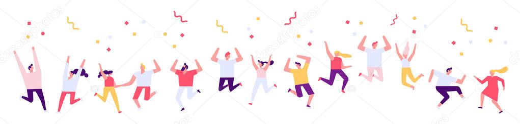 Party people vector horizontal banner. Dancing people. Flat vector characters. Birthday party, student party, celebration, event. Happy people isolated on white background. 