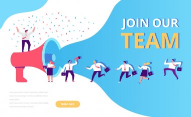 Bir grup insan büyük megafonla bağırıyor. İş adamı ve kadın koşuyor. Ekip vektör illüstrasyon konseptimize katılın. Web için düz stil illüstrasyon.