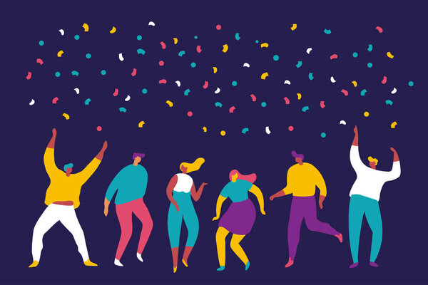 Молодые люди танцуют и веселятся. Вечеринка, праздник, событие. Дружба. Студенческая вечеринка. Новогодняя вечеринка. Мужчины и женщины плоские символы изолированы на темном фоне
.
