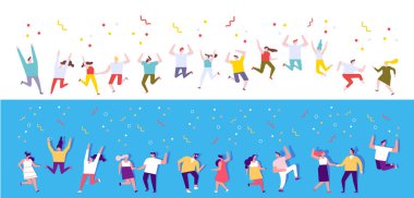 Doğum günü partisi, kutlama, olay yatay afiş. Gençler dans ediyor ve eğleniyor. Dostluk. Öğrenci partisi. Beyaz arka planda izole edilmiş erkek ve kadın düz karakterler.