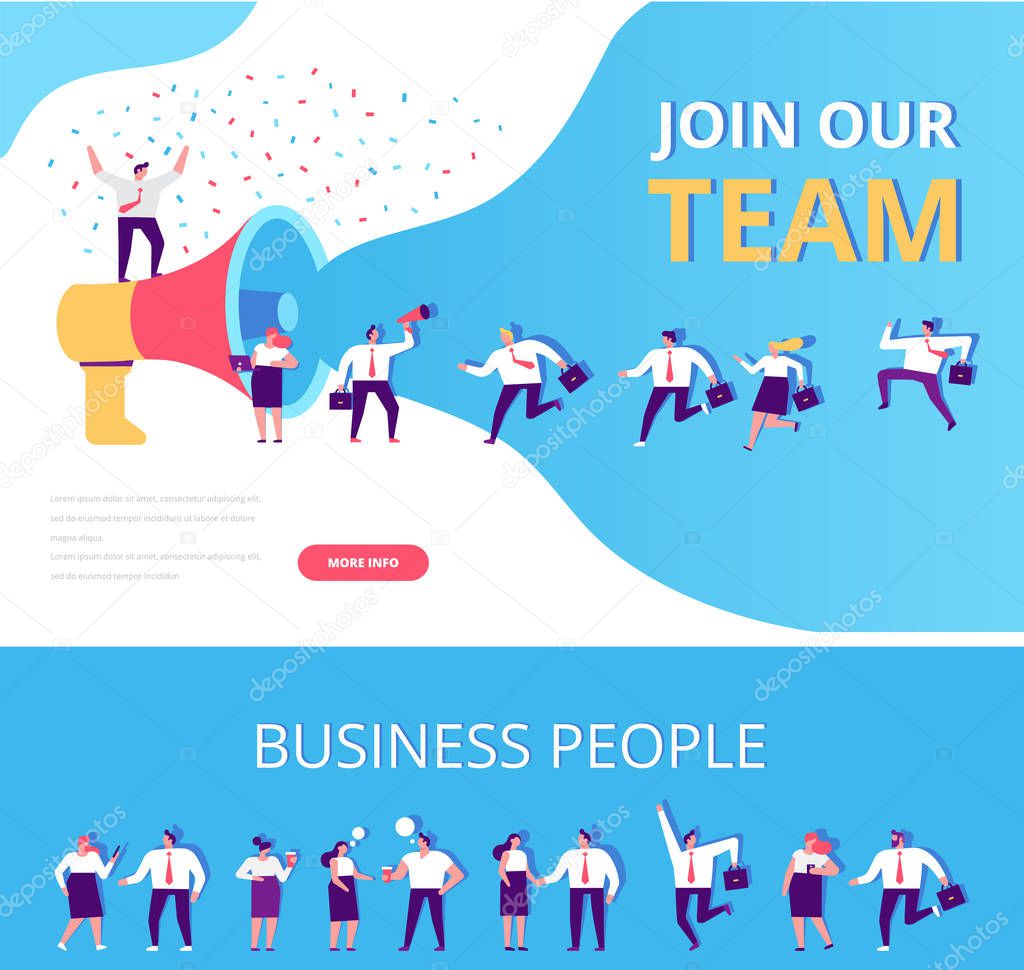Join our team vector horizontal banners. Group of people shouting on huge megaphone. Business people disscussing. Teamwork.  Business men and women running. Flat style illustration for web.