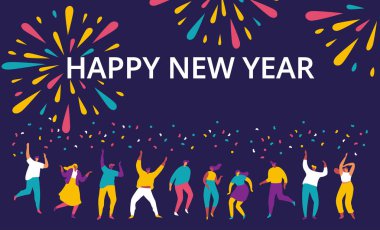 İnsanlar yeni yılı kutluyor, dans ediyor ve geceleri gökyüzünde havai fişek patlamalarını izliyorlar. Düz vektör çizimi.