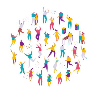 Parti insanları. Partide eğlenen erkek ve kadın çizgi film karakterlerinden oluşan büyük bir grup. Kulüp veya müzik konserinde dans eden genç insanlar. Beyaz arka planda düz renkli vektör çizimi.