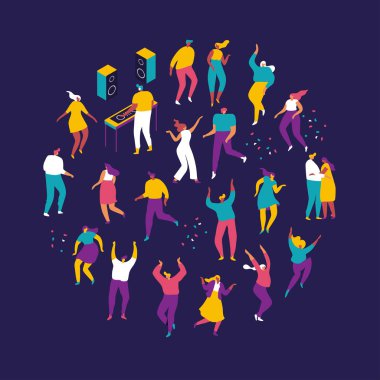 Parti insanları. Partide eğlenen erkek ve kadın çizgi film karakterlerinden oluşan büyük bir grup. Kulüp veya müzik konserinde dans eden genç insanlar. Koyu arka planda düz renkli vektör çizimi.