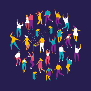 Parti insanları. Partide eğlenen erkek ve kadın çizgi film karakterlerinden oluşan büyük bir grup. Kulüp veya müzik konserinde dans eden genç insanlar. Koyu arka planda düz renkli vektör çizimi.