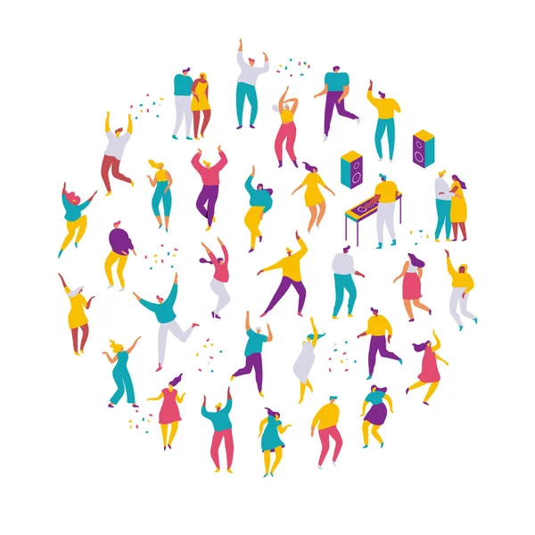 Parti insanları. Partide eğlenen erkek ve kadın çizgi film karakterlerinden oluşan büyük bir grup. Kulüp veya müzik konserinde dans eden genç insanlar. Beyaz arka planda düz renkli vektör çizimi.