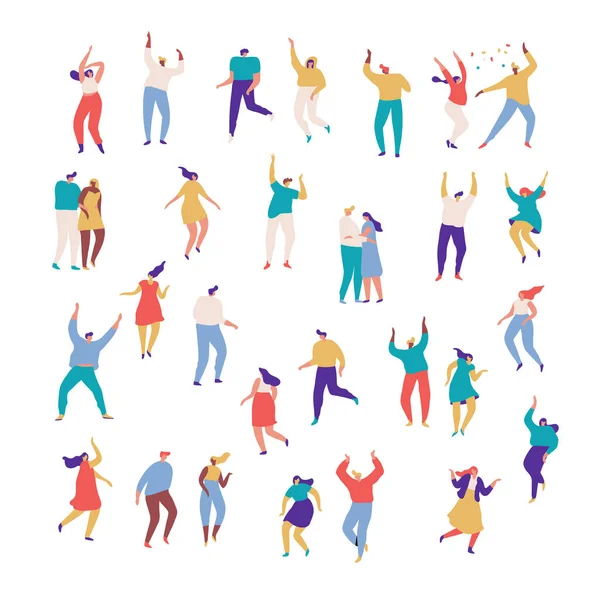 Parti insanları. Partide eğlenen erkek ve kadın çizgi film karakterlerinden oluşan büyük bir grup. Kulüp veya müzik konserinde dans eden genç insanlar. Beyaz arka planda düz renkli vektör çizimi.