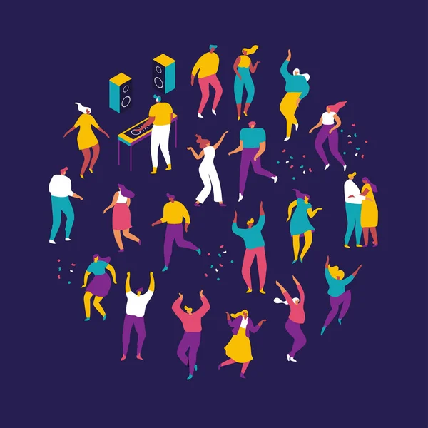 Parti insanları. Partide eğlenen erkek ve kadın çizgi film karakterlerinden oluşan büyük bir grup. Kulüp veya müzik konserinde dans eden genç insanlar. Koyu arka planda düz renkli vektör çizimi.