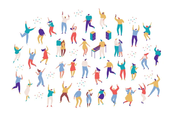 Parti insanları. Partide eğlenen erkek ve kadın çizgi film karakterlerinden oluşan büyük bir grup. Kulüp veya müzik konserinde dans eden genç insanlar. Beyaz arka planda düz renkli vektör çizimi.